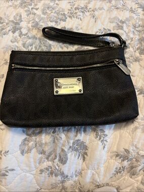 Michael Kors Black Leather Wristlet Clutch with Silver Hardware
